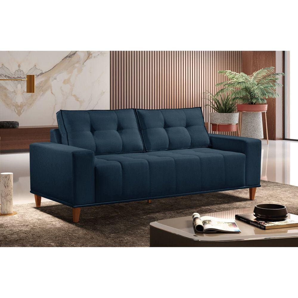 Sofá 3 Lugares Veludo 190cm com Molas Beny Azul Bic