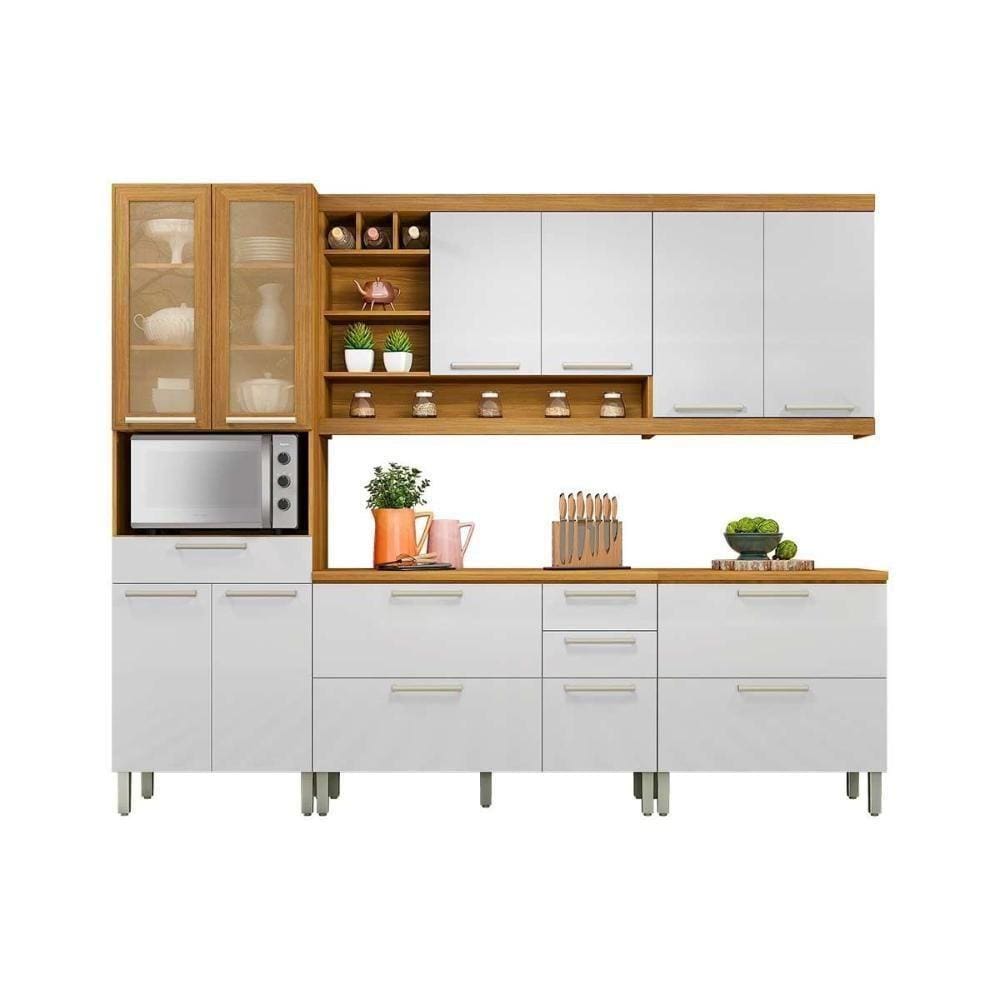 Cozinha Completa Burguesa Premium 5 Peças (2 Balcões + 2 Aéreos + 1 Paneleiro) C5p26 Freijó/branco