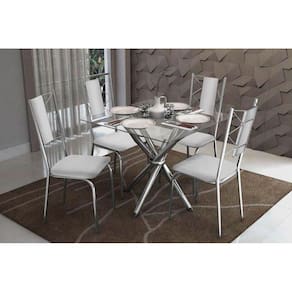 Sala De Jantar Completa Volga 90Cm + 4 Cadeiras Lisboa Cromado/Courano Branco - Kappesberg