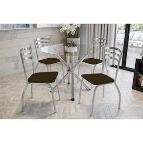 Sala De Jantar Completa Volga C/ Tampo Vidro 95cm + 4 Cadeiras Portugal Cromado/courano Marrom