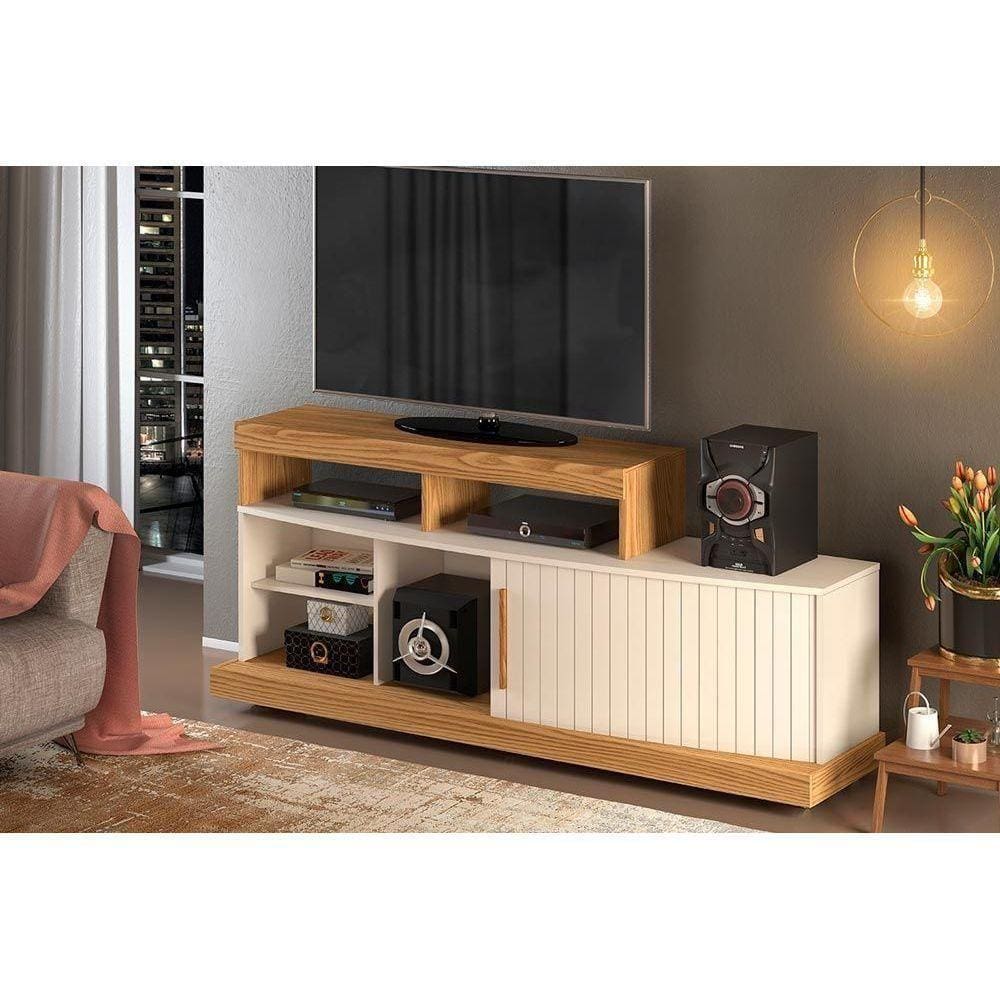 Rack Para Tv Scala Até 47 Polegadas C/ 1 Porta De Correr E 5 Nichos Carvalho Nobre/off White - Dj Móveis