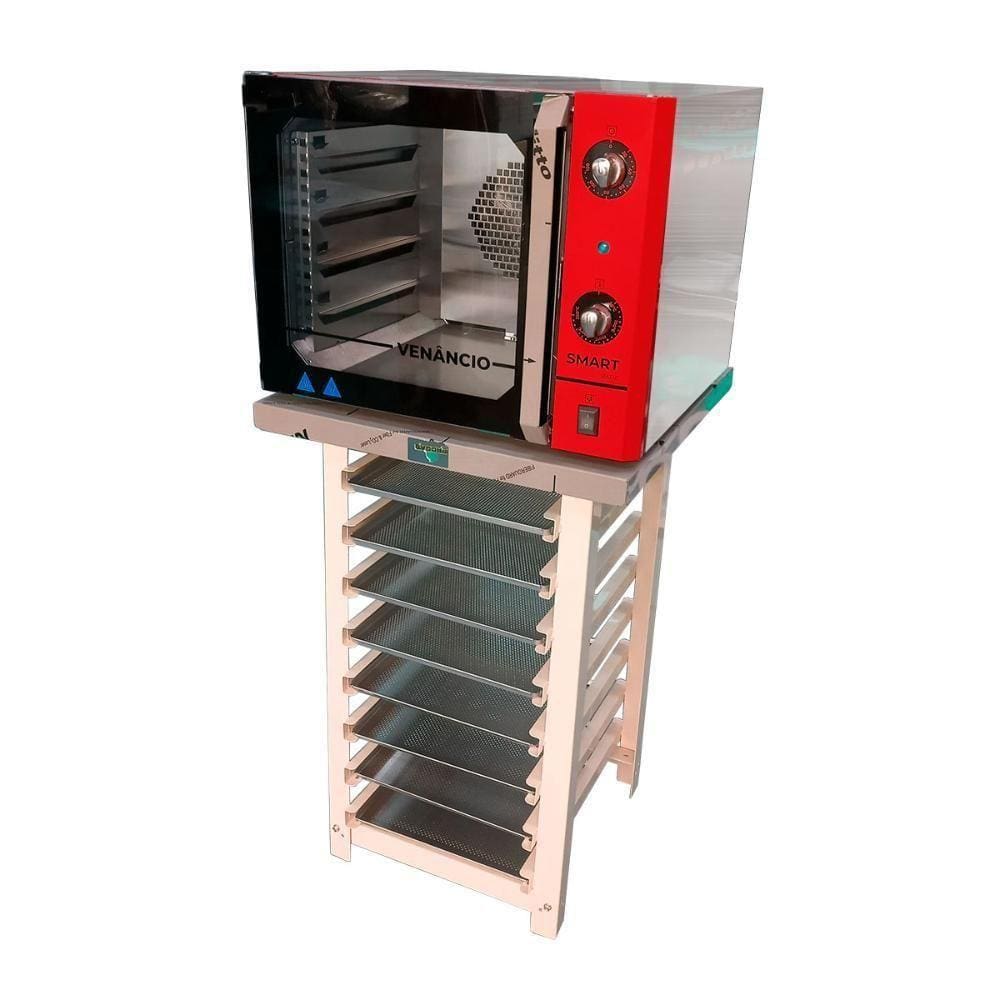 Forno Turbo Convec. Inox E Vermelho Fcsb4e 220v + Bancada Mes-004 + 8 Assadeiras - Venâncio 220v