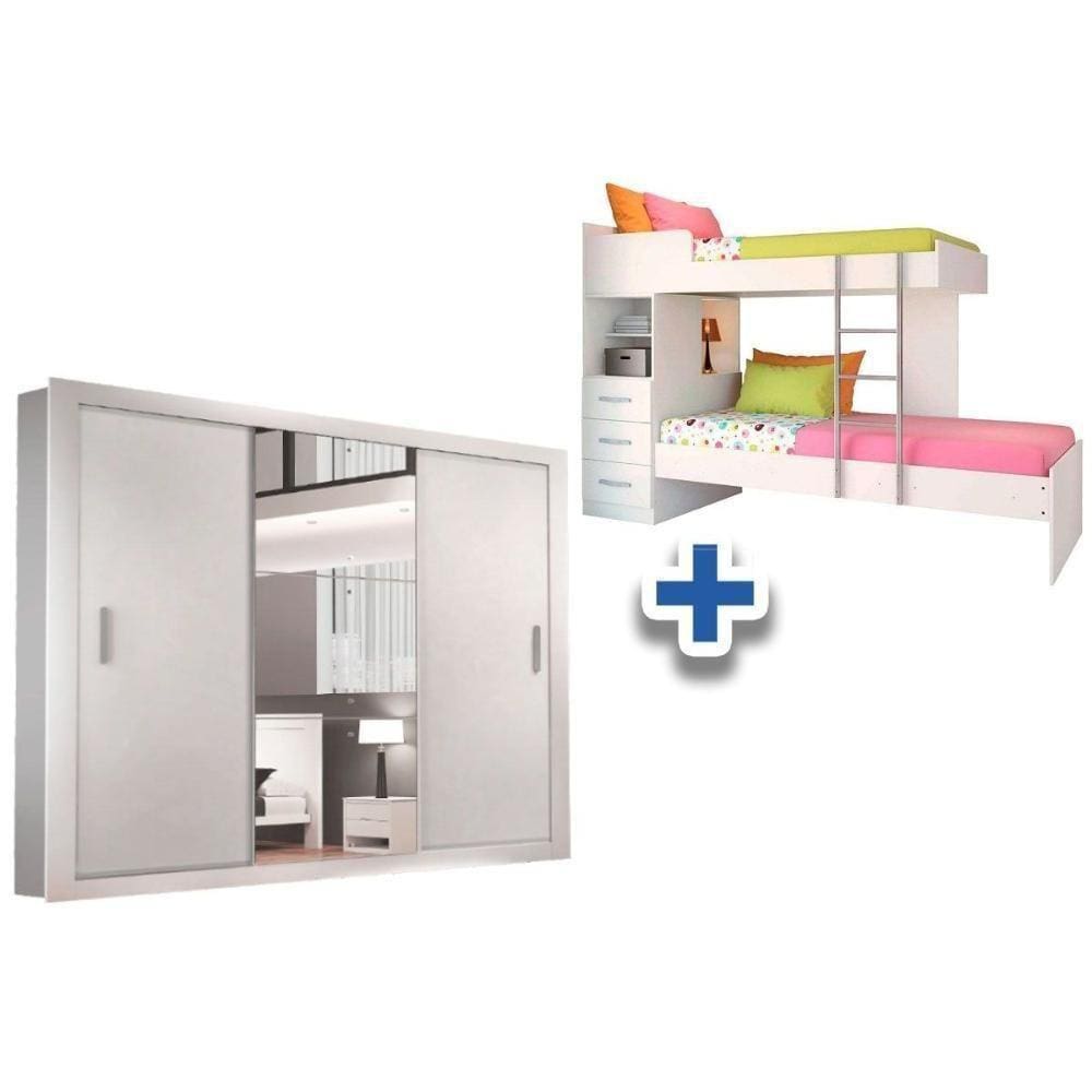 Colchão Pérola Polar (2Un) + Guarda Roupa Veneza Luxo + Beliche Plus Branco