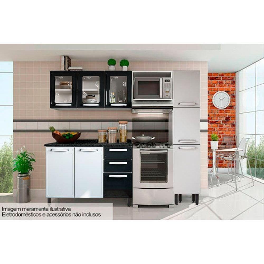Kit De Cozinha 4 Peças (1 Armário + 1 Balcão + 1 Paneleiro + 1 Complemento) C4p45 Branco/preto