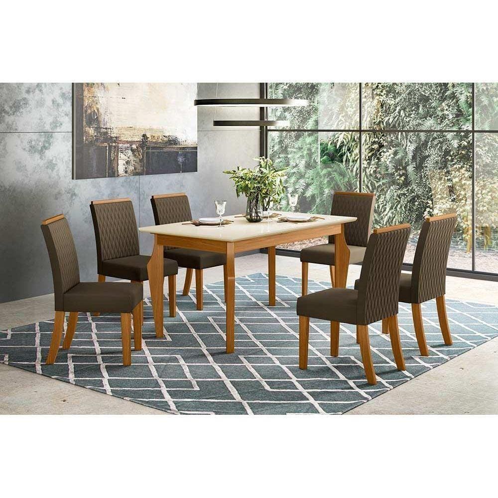 Sala De Jantar Completa Tampo Madeirado 160cm + 6 Cadeiras Vita Nature/veludo Light Bege Vanilla - Bege