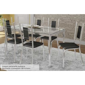 Conjunto: Mesa Sala Jantar Reno C/ Tampo Vidro 150cm + 6 Cadeiras Florença Cromado/courano Preto