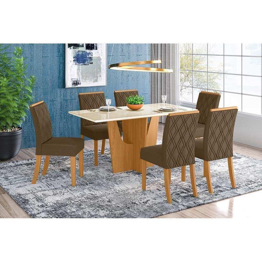 Sala De Jantar Completa Vértice 160Cm + 6 Cadeiras Vita Nature/Veludo Light Bege Vanilla - Henn