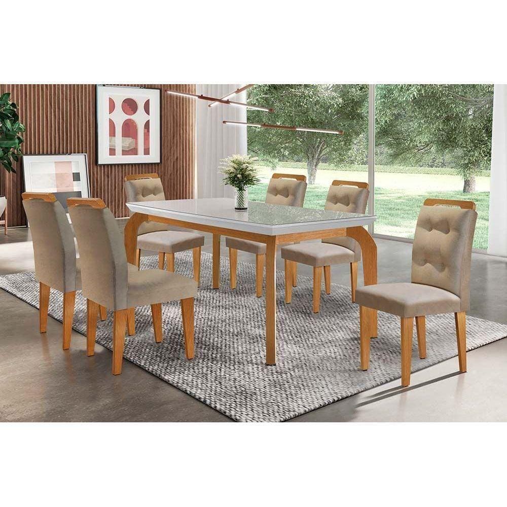 Sala De Jantar Completa Londrina Tampo Madeirado C/ Vidro 6 Cadeiras Imperatriz Imbuia/Linho Turim