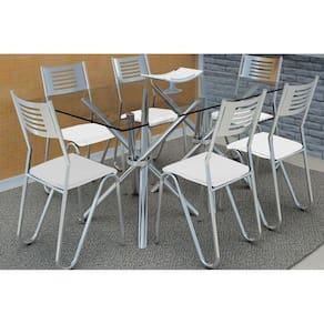 Conjunto: Mesa Sala Jantar Volga C/ Tampo Vidro 140cm + 6 Cadeiras Nápoles Cromado/courano Branco