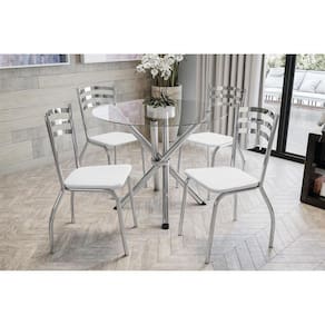 Conjunto: Mesa Sala Jantar Volga C/ Tampo Vidro 95cm + 4 Cadeiras Portugal Cromado/courano Branco