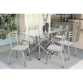 Sala De Jantar Completa Volga 150Cm + 6 Cadeiras Portugal Cromado/Courano Branco - Kappesberg