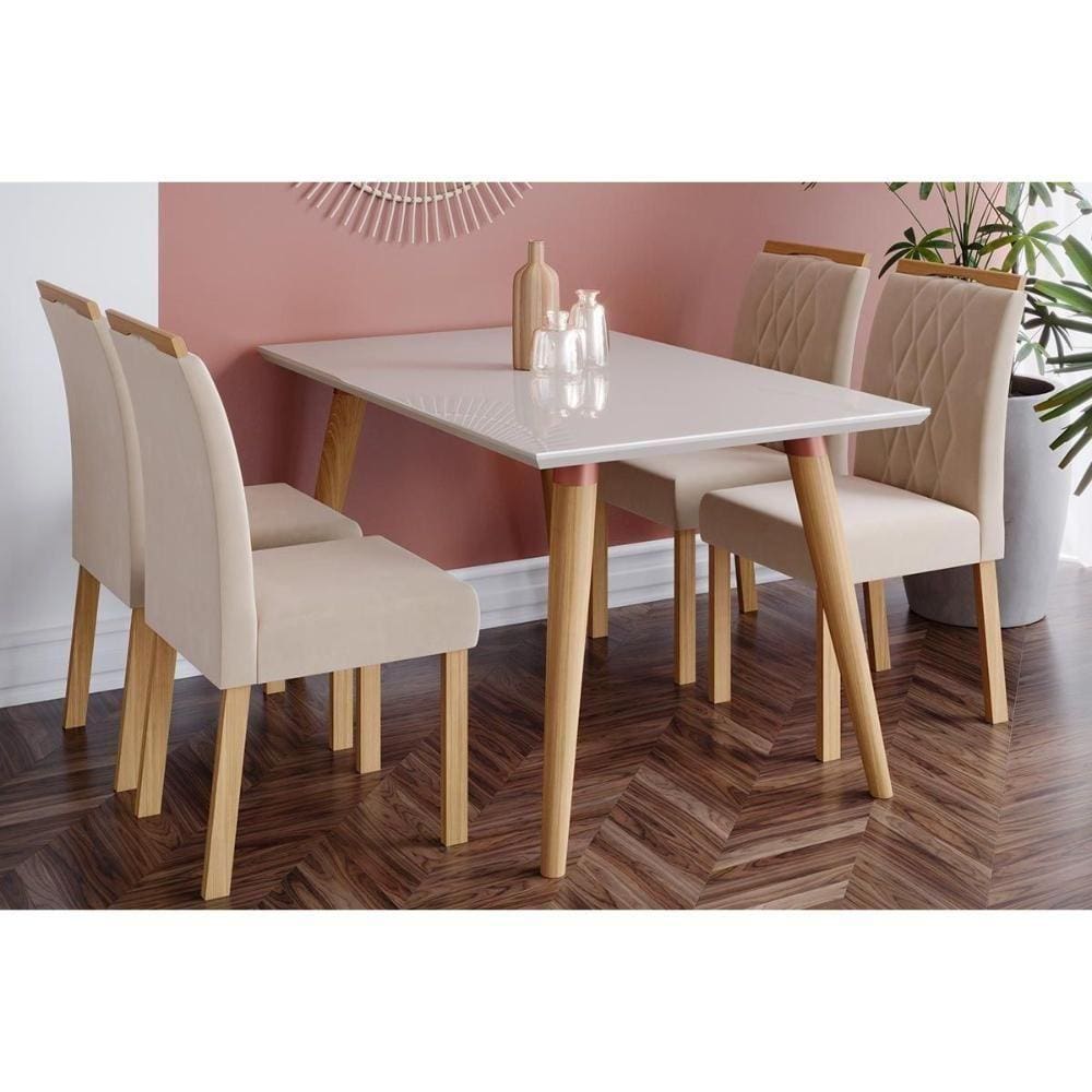 Sala De Jantar Completa C/ Tampo Madeirado 130cm + 4 Cadeiras Juliana Madeira/suede Nude