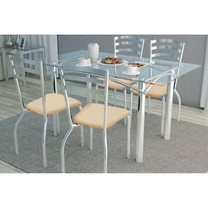 Conjunto: Mesa Sala Jantar Elba C/ Tampo Vidro 120cm + 4 Cadeiras Portugal Cromado/courano Nude