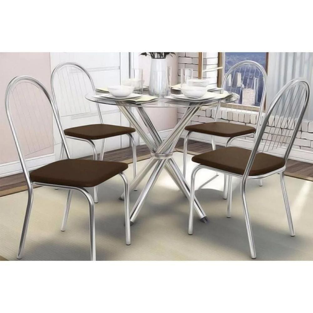 Conjunto: Mesa Sala Jantar Volga C/ Tampo Vidro 95cm + 4 Cadeiras Noruega Cromado/courano Marrom