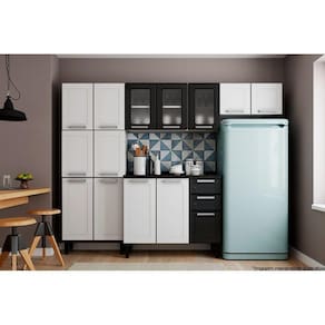 Kit De Cozinha Modulada 4 Peças Múltipla (2 Armários + 1 Balcão + 1 Paneleiro) C4p77 Branco/preto