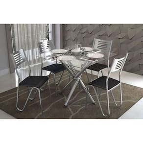 Sala De Jantar Completa Volga C/ Tampo Vidro 90cm+4 Cadeiras Nápoles Cromado/courano Preto