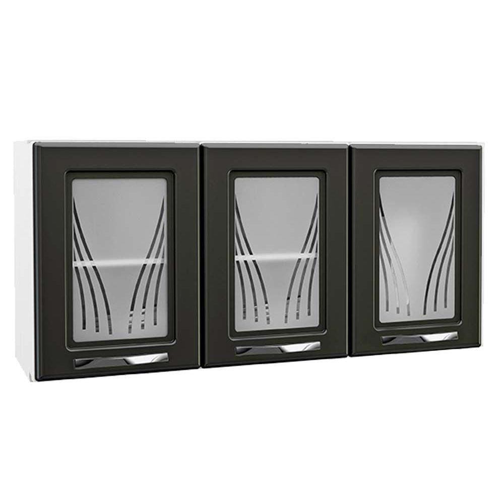 Armário Aéreo P/ Cozinha Star New C/ 3 Portas C/vidro 120cm Branco/preto Telasul