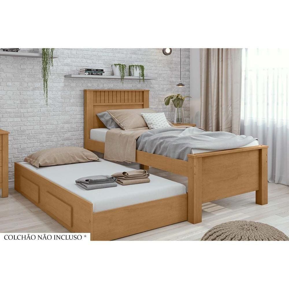 Cama Solteiro Athenas 2 Gavetas C/Auxiliar Rovere/Amêndoa - Lopas