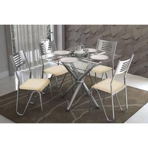 Sala De Jantar Completa Volga C/ Tampo Vidro 90Cm+4 Cadeiras Nápoles Cromado/Courano Nude