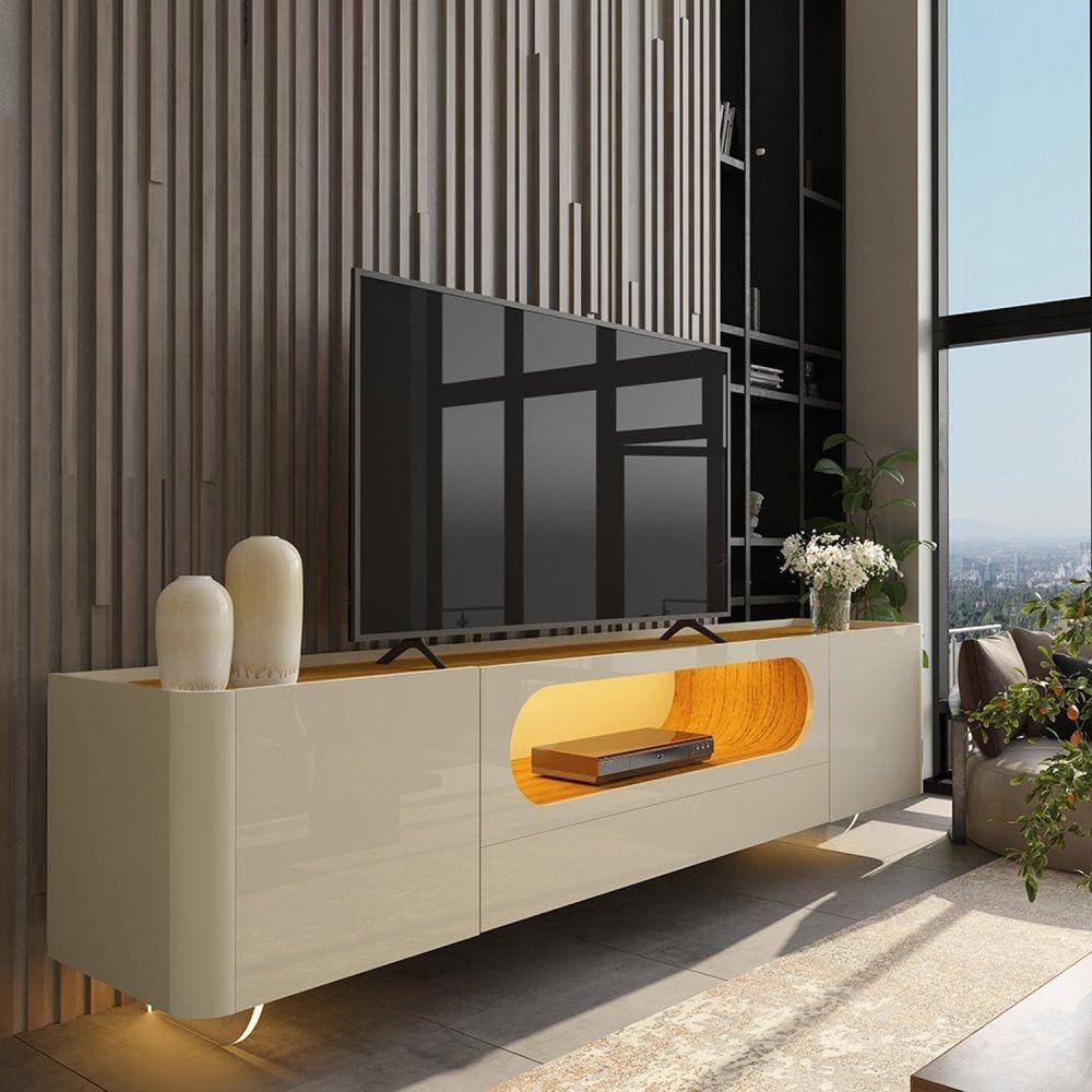 Rack para TV até 85 Polegadas com LED com Pés Vidro Nobre 210cm Off White/Marromle