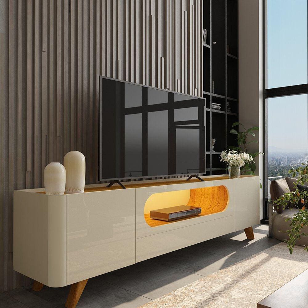 Rack para TV até 85 Polegadas com LED com Pés Madeira Nobre 210cm Off White/Marromle