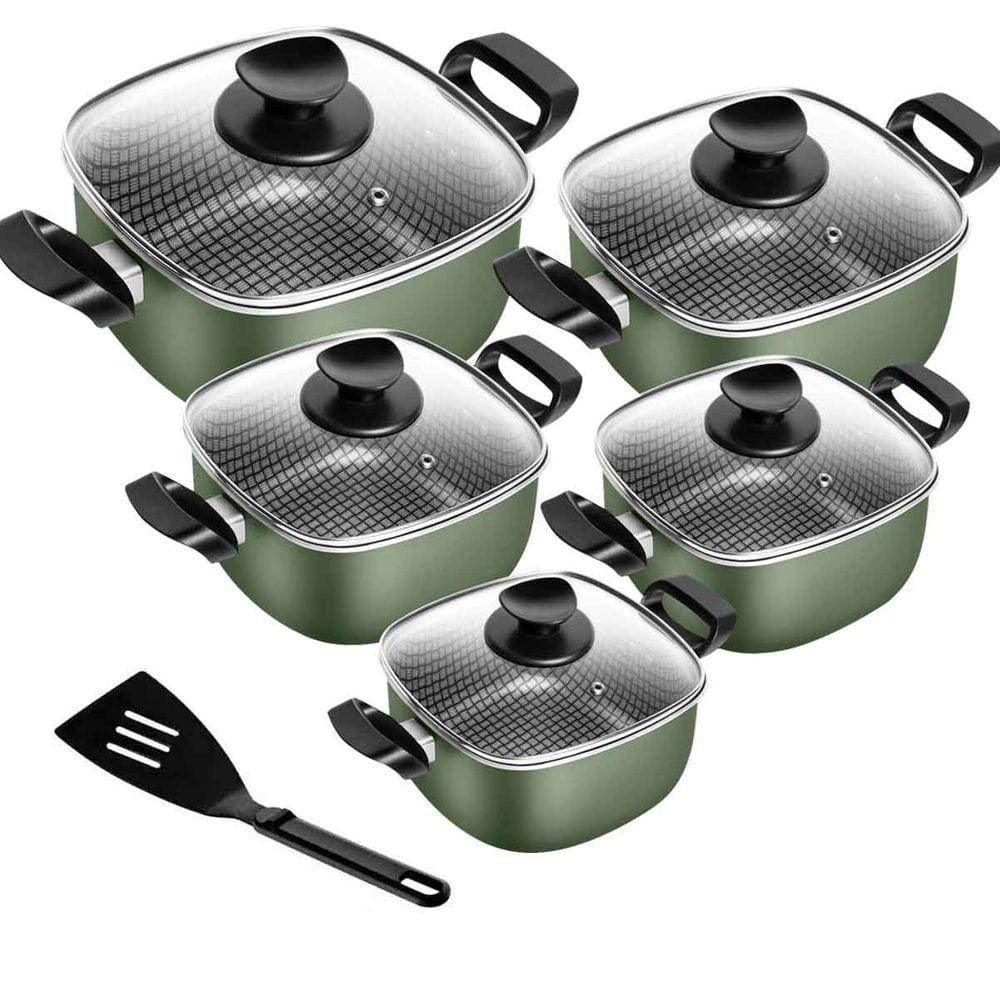 Jogo De Panelas Antiaderente Caçarola Quadrada Premium Verde 5 Peças Tampa De Vidro Patolux