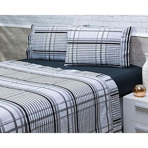 Jogo Lençol 4 Peças Cama Viúva 1,88mx1,28mx25cm 100% Algodão 200 Fios Ponto Palito Preto Listrado