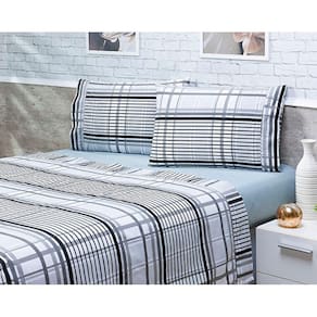 Jogo Lençol 4 Peças Cama Viúva 1,88mx1,28mx30cm 100% Algodão 180 Fios Ponto Palito Cinza Listrado