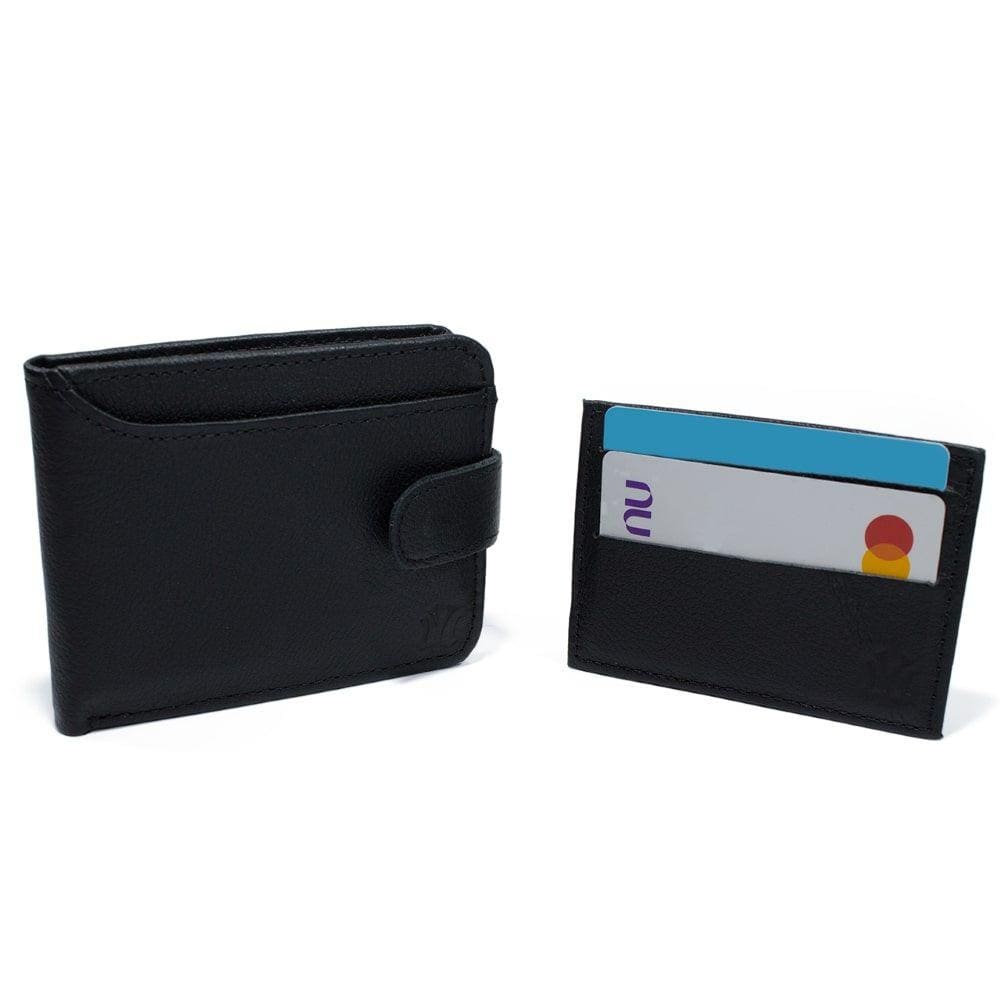 Kit Carteira Couro Masculina Fecho Botao Pressao Repartiçoes Documentos Com Porta Cartao Slim