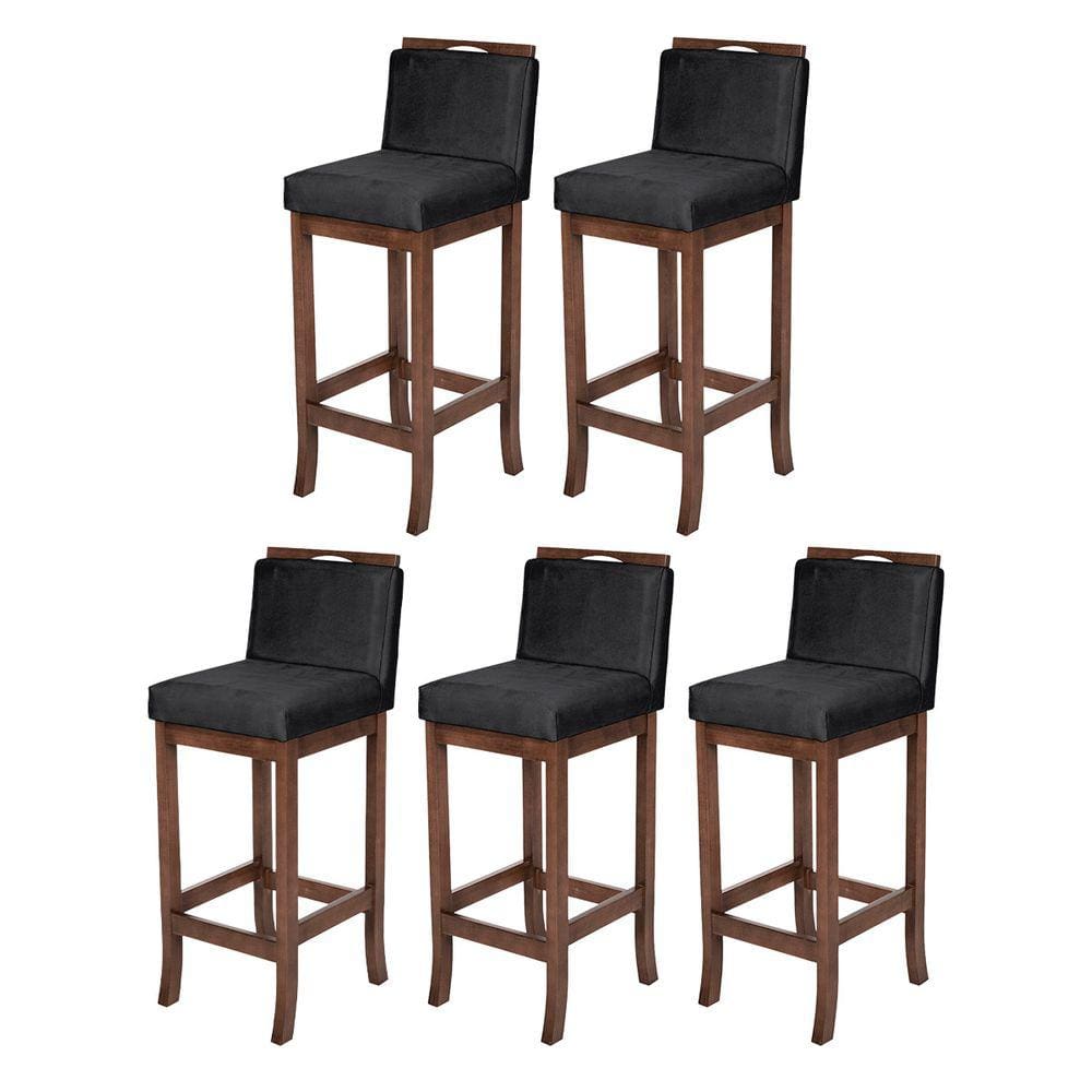 Kit 5 Banquetas Alta para Cozinha Americana Turim Madeira Capuccino Suede Preto CCS