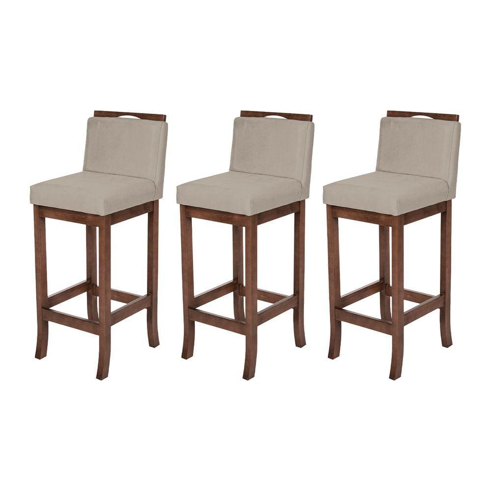 Kit 3 Banquetas Alta com Encosto Turim Madeira Capuccino Suede Bege CCS