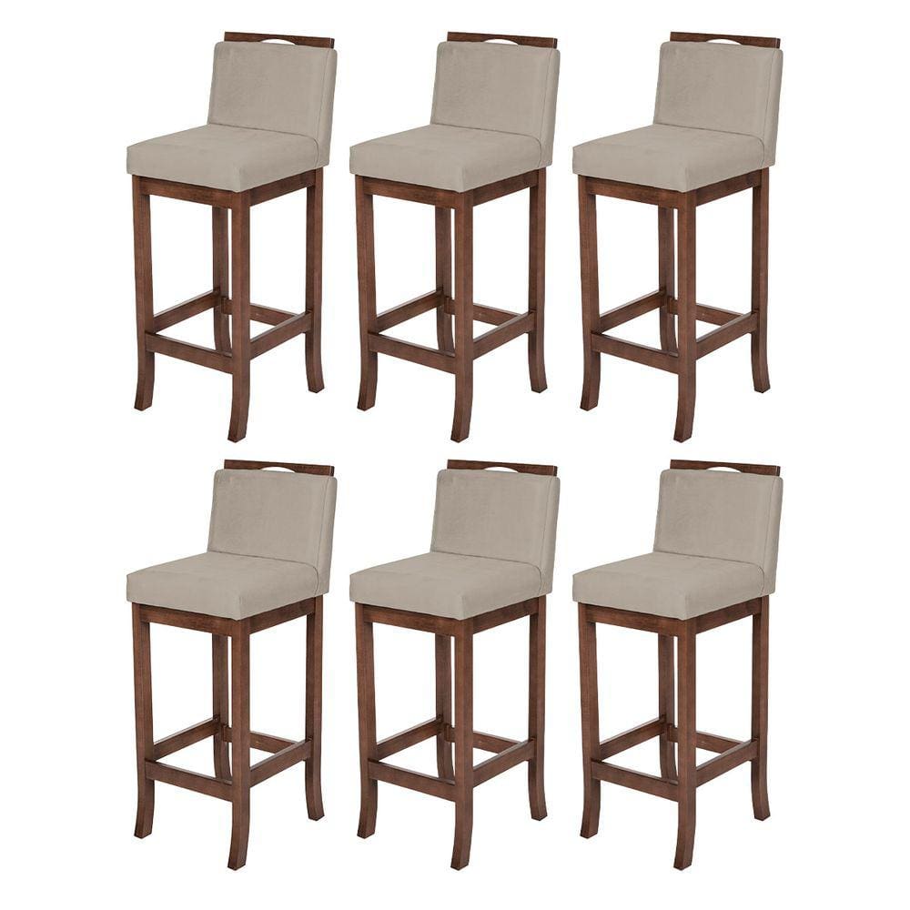 Kit 6 Banquetas Bancada Cozinha Turim Madeira Capuccino Suede Bege CCS