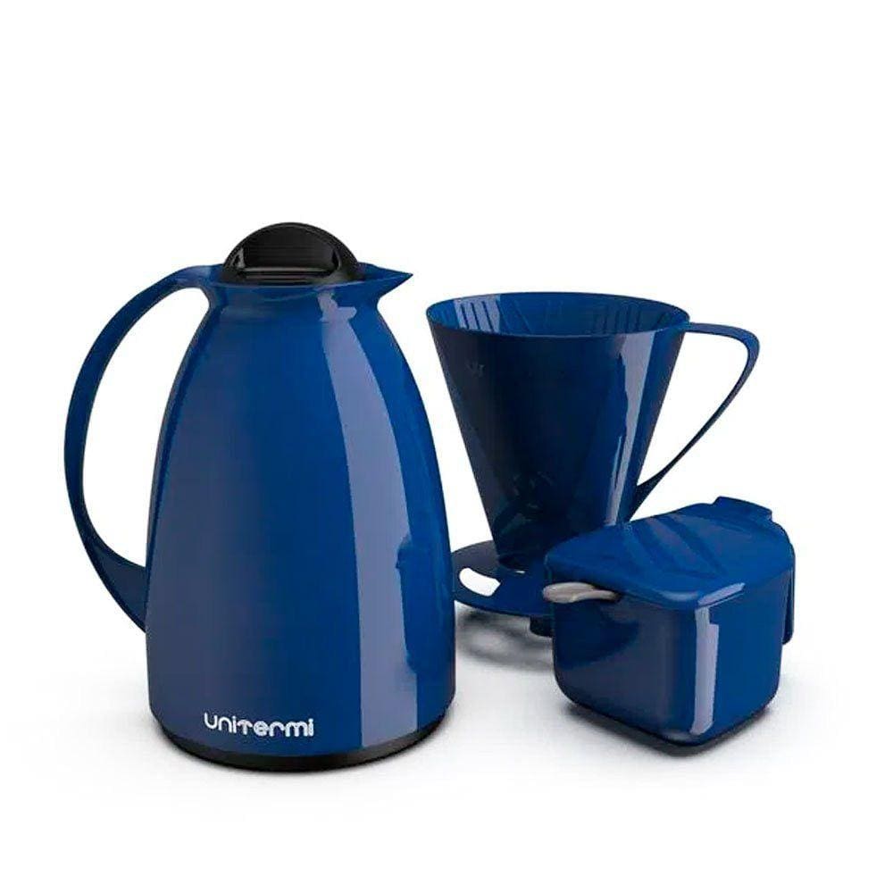 Kit Garrafa Termica Café Prático com Açucareiro com Colher e Suporte para Filtro Azul