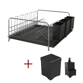 Kit Cozinha Escorredor Com Bandeja + Lixeira 5,4l+ Dispenser Preto