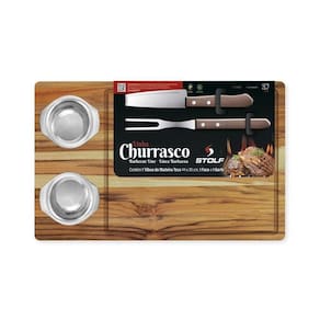 Kit Churrasco Madeira Teca Com Garfo E Faca E 2 Potes Inox - Stolf