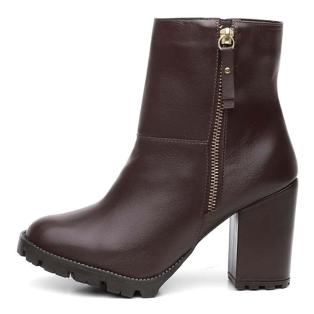Bota Coturno Feminina Couro Zíper Cano Médio Lisa Casual