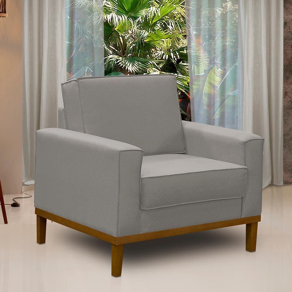 Poltrona Decorativa Living com Base Lavinia Linho Cinza Adonai Estofados