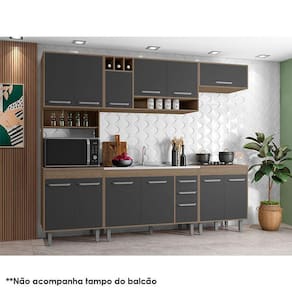 Cozinha 5 Peças com Balcão de Pia Ambiente Barcelona Carvalho Grafite - Poliman