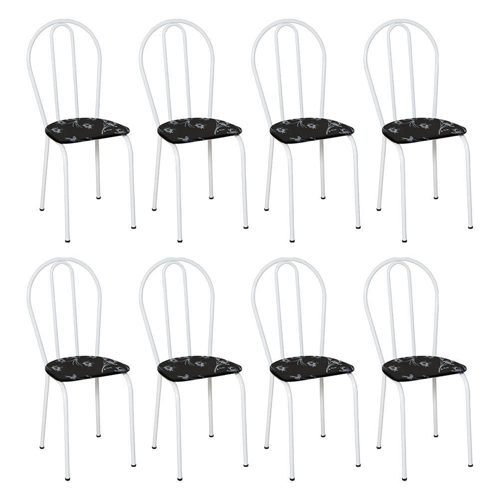 Kit 8 Cadeiras de Cozinha Texas Estampado Preto Florido Pés de Ferro Branco - Pallazio