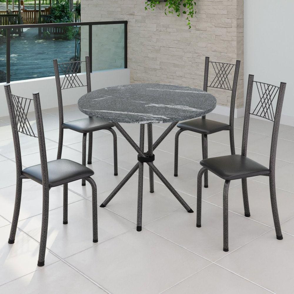 Conjunto de Jantar Mesa Tampo Redondo de Granito Topázio com 4 Cadeiras Sara Yescasa Preto Liso/Mart Prata