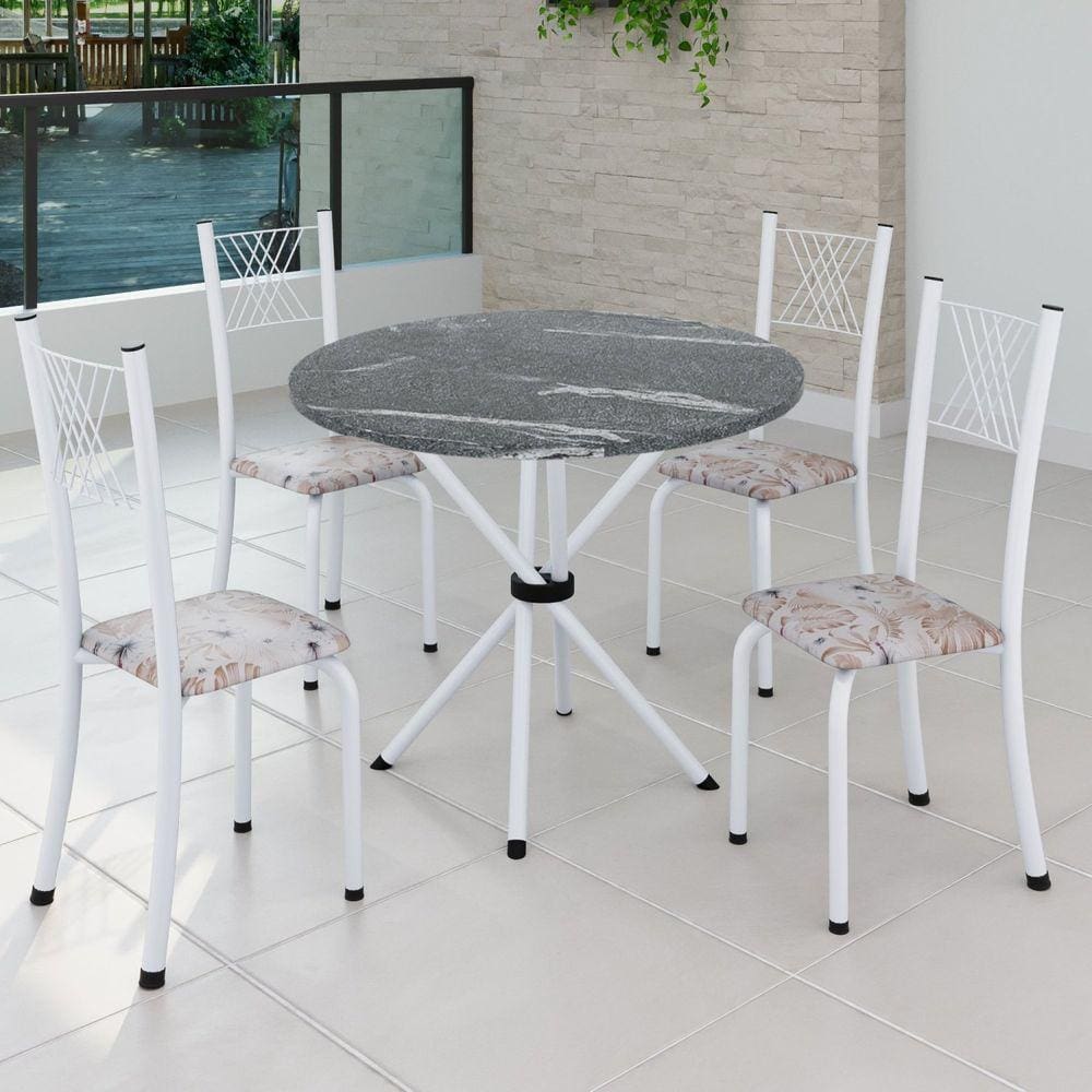 Conjunto de Jantar Mesa Tampo Redondo de Granito Topázio com 4 Cadeiras Sara Yescasa Botanic Bege/Branco