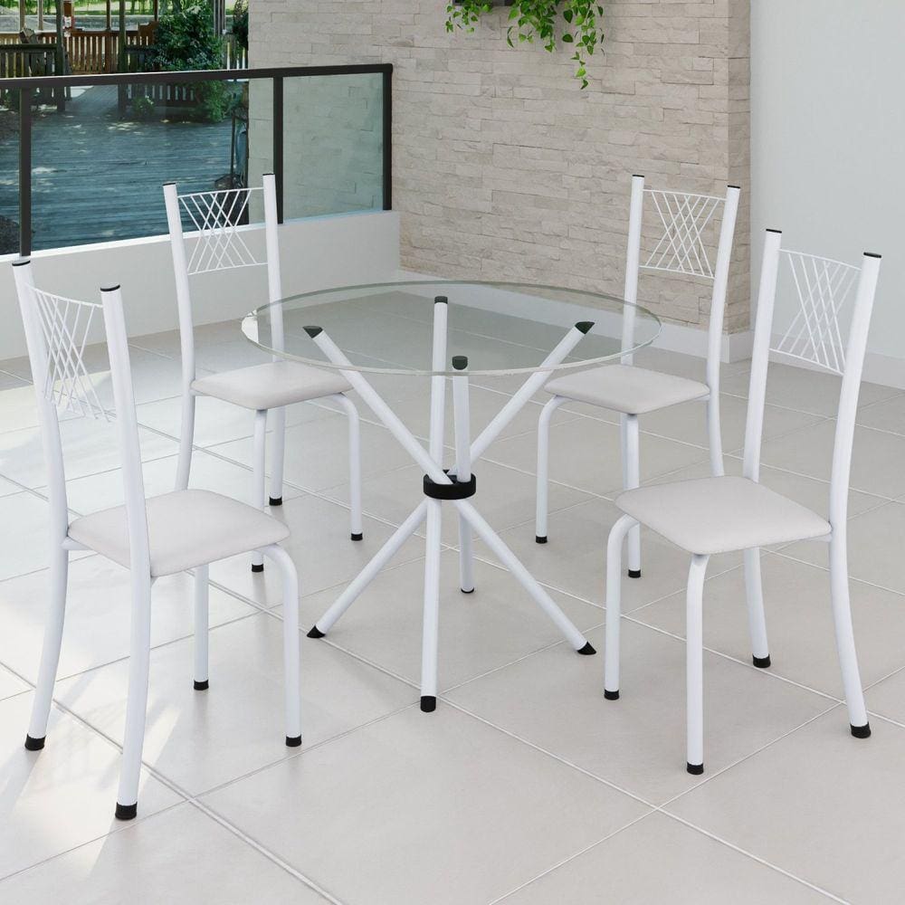 Conjunto de Jantar Mesa Tampo Redondo de Vidro Incolor com 4 Cadeiras Sara Yescasa Branco Liso/Branco