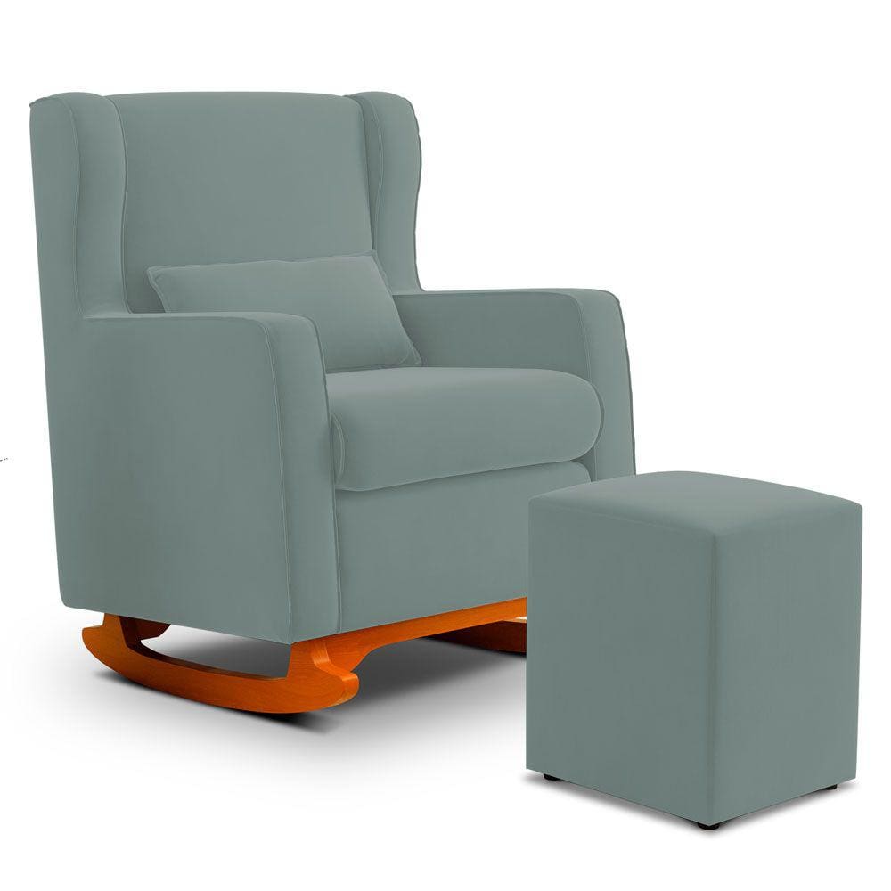 Poltrona de Amamentação e Descanso Zoe com Base Balanço e Puff Veludo Acqua - Desk Design