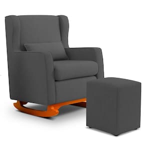 Poltrona de Amamentação e Descanso Zoe com Base Balanço e Puff Linho Cinza - Desk Design