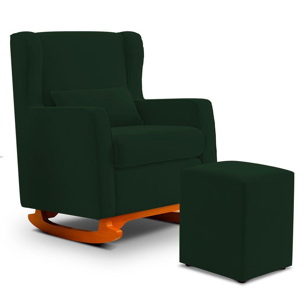 Poltrona de Amamentação e Descanso Zoe com Base Balanço e Puff Veludo Verde - Desk Design