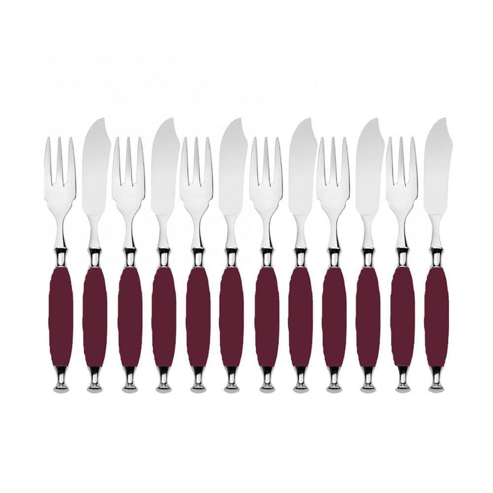 Kit Garfo e Faca Peixe Cozinha 12 Pçs Bordô Country Bugatti