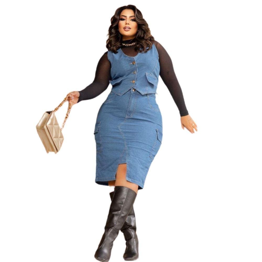 Saia Jeans Midi Cargo Plus Size Com Fenda Frontal Feminina