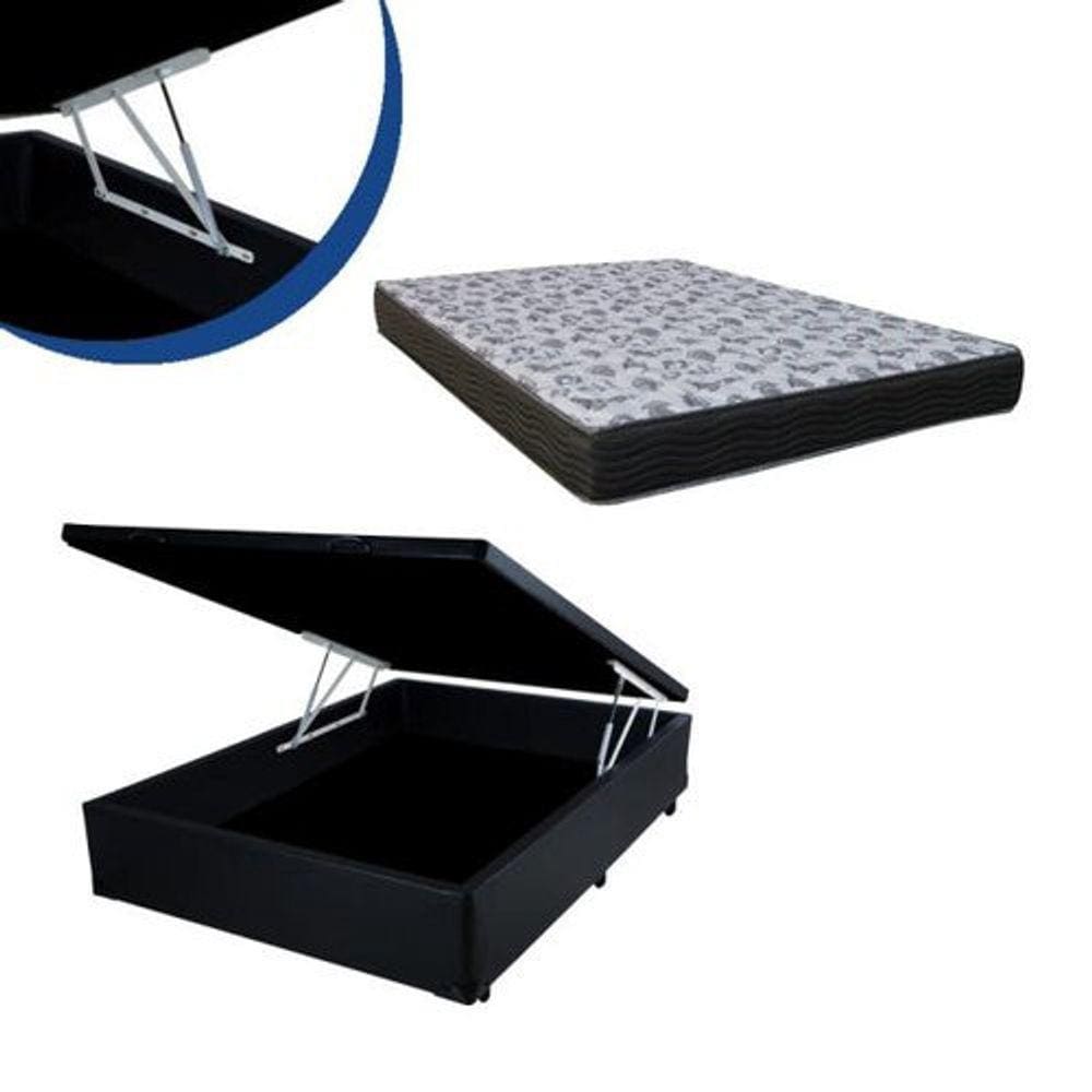 Cama Box Baú Casal Conforto Sintético Preto + Colchão Casal Conforto Espuma D23 Com EPS 14x138x188