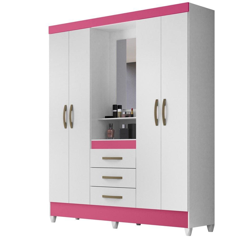 Guarda Roupa 4 Portas Com Espelho 8314 Branco Rosa Moval