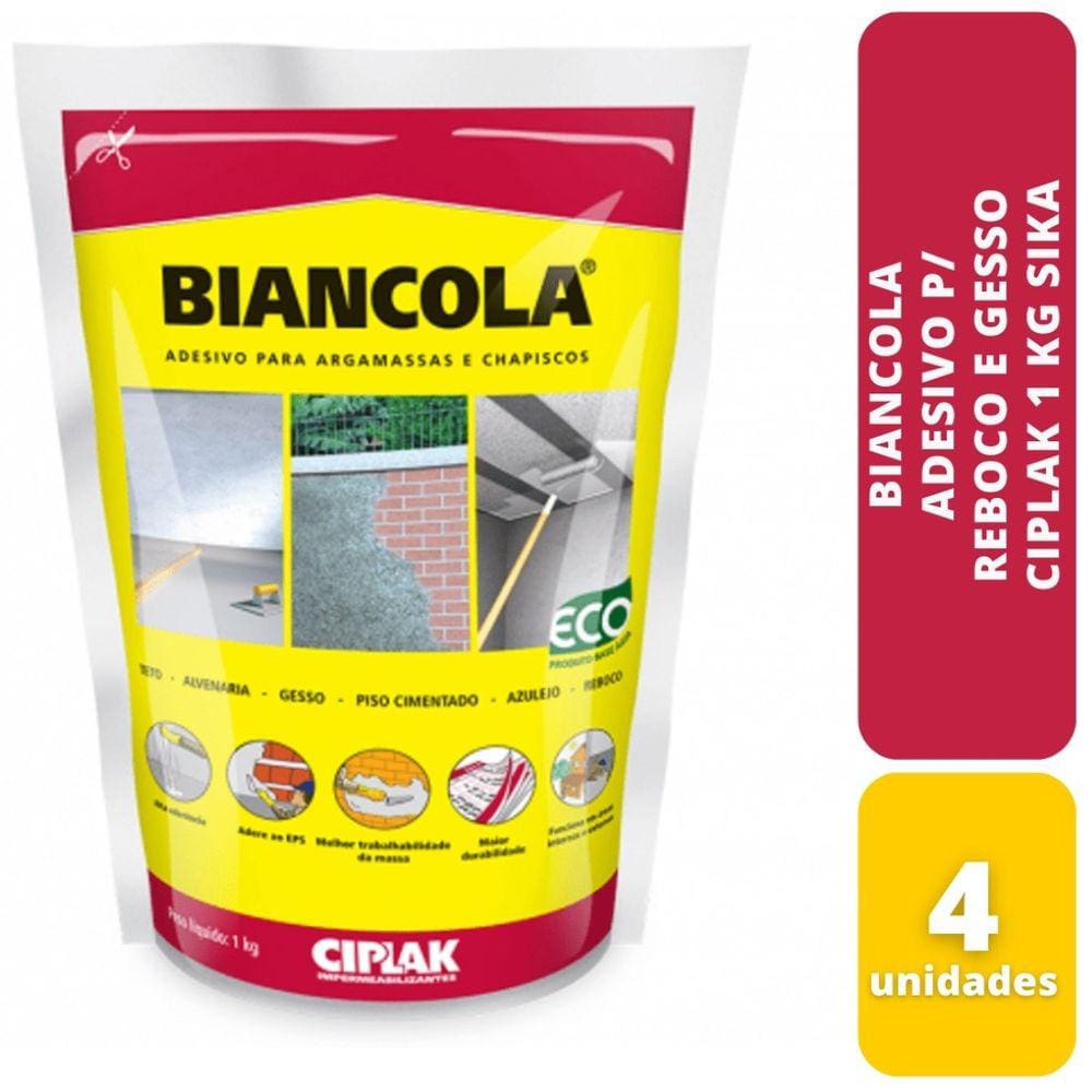 Biancola Adesivo P/ Reboco E Gesso Ciplak 1Kg Sika kit C/4